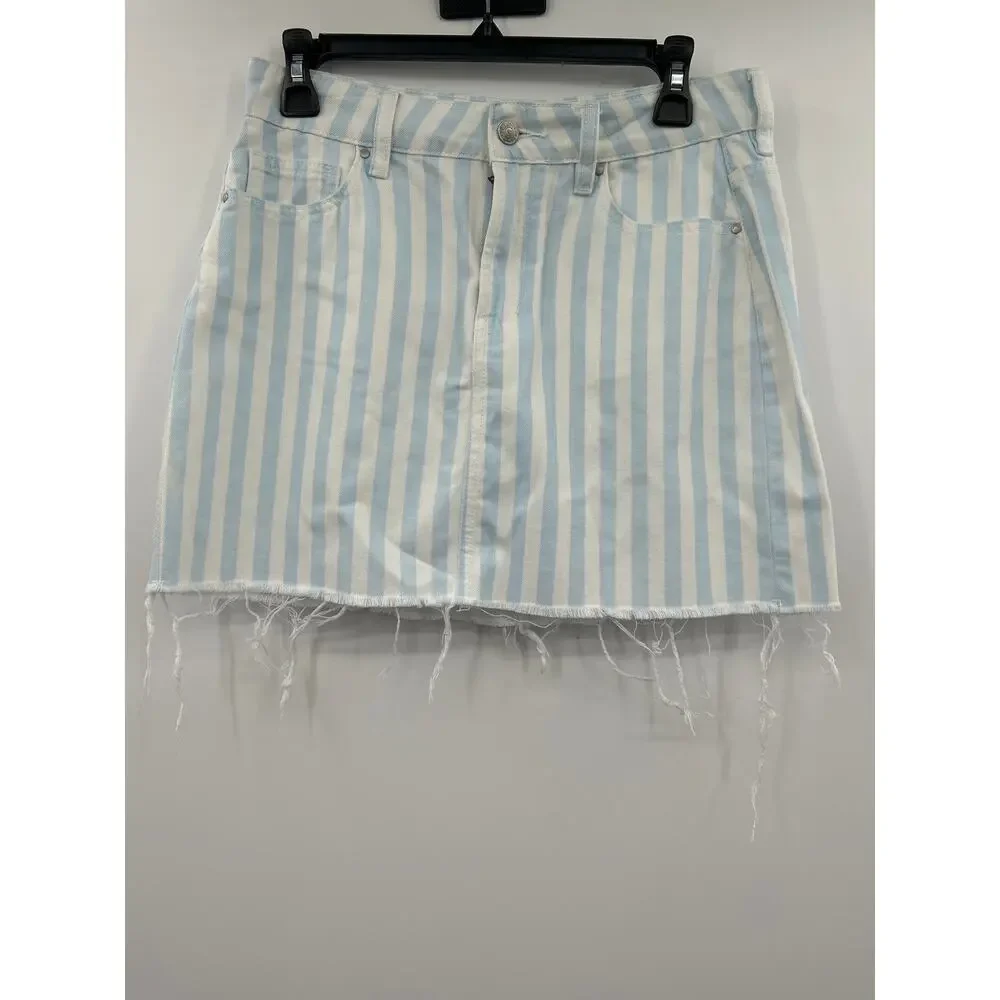 PacSun Striped Denim Mini Skirt Size 27 Blue White 100% Cotton Raw Hem Beachy